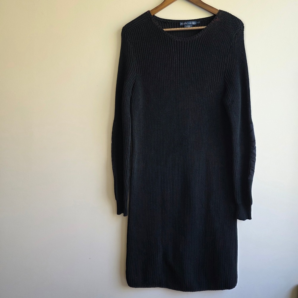 Ralph Lauren Black Cotton Knit Sweater Dress Elbow Patches Size L Natural Fibers